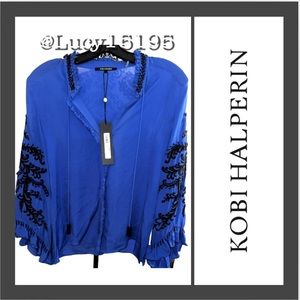 Kobi Halperin Dusk Blue Margo Embellished Tie-Neck Long-Sleeve Silk Blouse